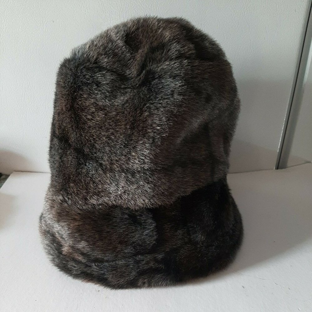 Womens Faux Fur Gray Plush Bucket Hat with Cuff Warm
